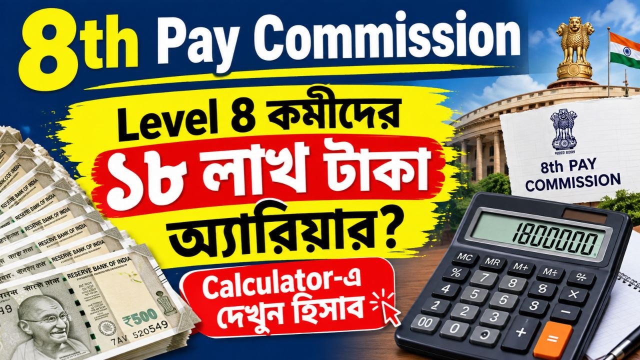 8th Pay Commission: Level 8 কর্মীদের ১৮ লাখ টাকা অ্যারিয়ার? Calculator-এ দেখুন হিসাব
