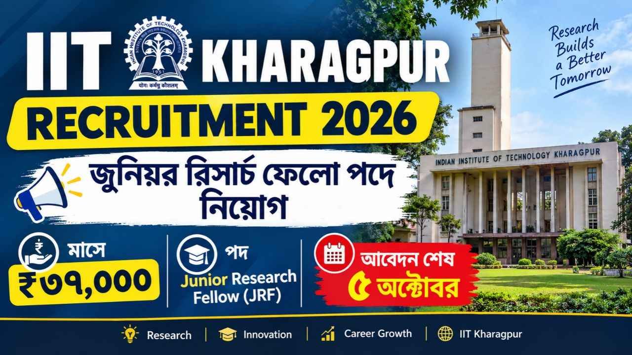 IIT Kharagpur Recruitment 2026: জুনিয়র রিসার্চ ফেলো পদে নিয়োগ, মাসে ₹৩৭,০০০, আবেদন শেষ ৫ অক্টোবর