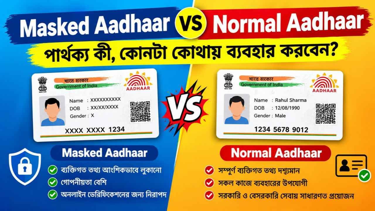 Masked Aadhaar vs Normal Aadhaar: পার্থক্য কী, কোনটা কোথায় ব্যবহার করবেন?