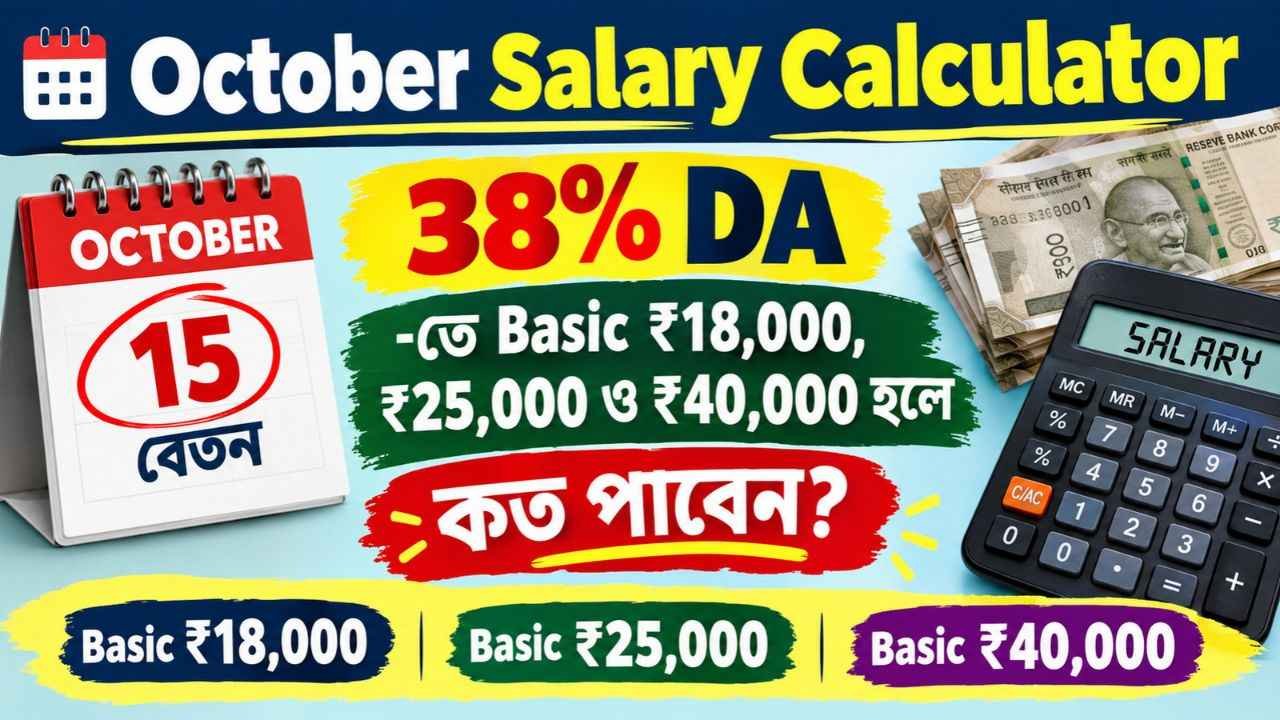 October Salary Calculator: ১৫ অক্টোবর বেতন, ৩৮% DA-তে Basic ₹18,000, ₹25,000 ও ₹40,000 হলে কত পাবেন?