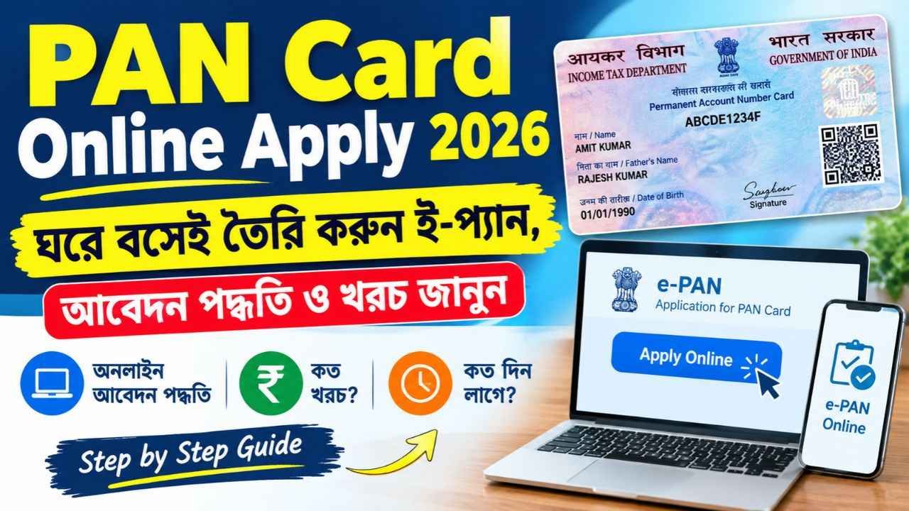 PAN Card Online Apply 2026: ঘরে বসেই তৈরি করুন ই-প্যান, আবেদন পদ্ধতি ও খরচ জানুন