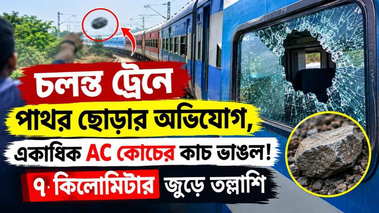 Train Stone Pelting: চলন্ত ট্রেনে পাথর ছোড়ার অভিযোগ, একাধিক AC কোচের কাচ ভাঙল! ৭ কিলোমিটার জুড়ে তল্লাশি